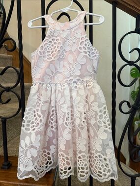 Bardot Pink Dress with White Lace Overlay